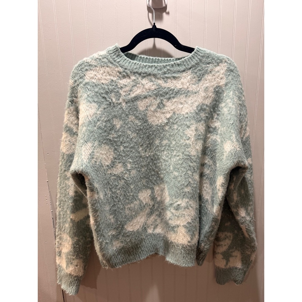 Baltic Born Sage Green Floral Fuzzy Knit Crewneck Sweater Medium
